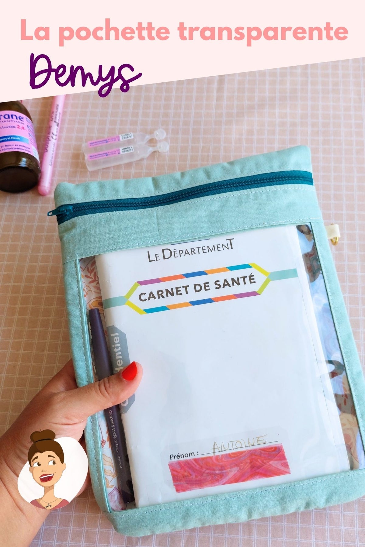 patron pdf couture Demys  - tuto pochette transparente facile à coudre facile débutant - protege carnet de santé enfant