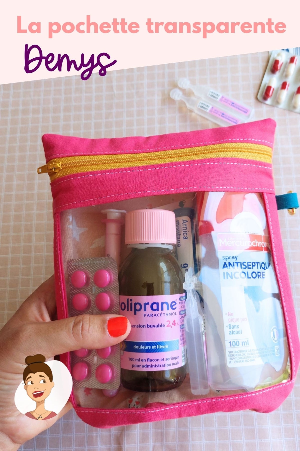 patron pdf couture Demys  - tuto pochette transparente facile à coudre facile débutant cemailine tutoriel couture pochette trousse à pharmacie médicaments soin facile